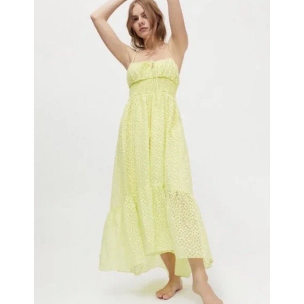 New Urban Outfitters Women Reina Semi-Sheer  Preppy Yellow Midi Dress Size Small - Picture 2 of 13